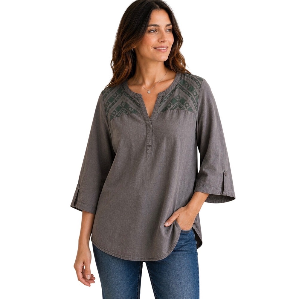 Kuhl Women Gray Green Embroidered Split Neck Button Back 3/4 Sleeve Blouse XL
